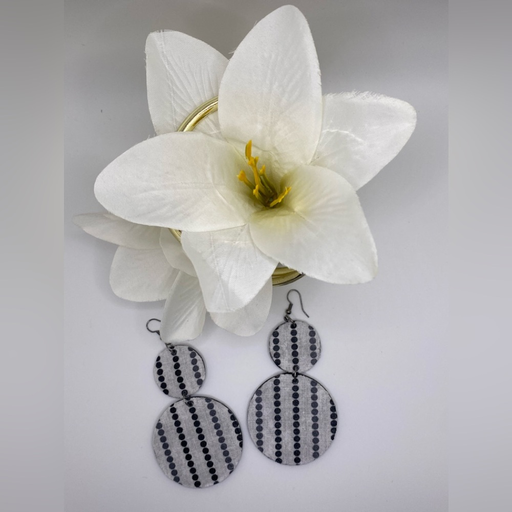 Black with white fabric and wood earrings